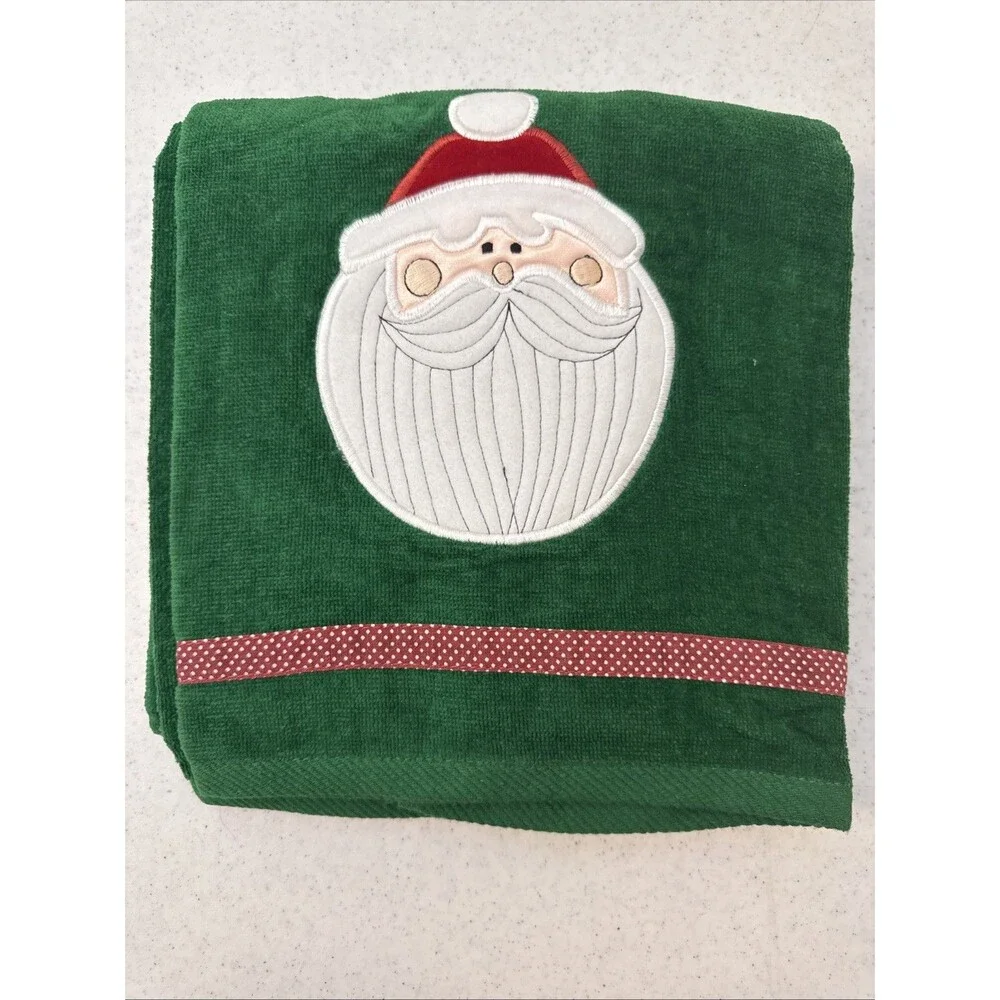 New Santa Bath & Hand Towel Set Green Red Trim Christmas Holiday Decor Kmart VTG